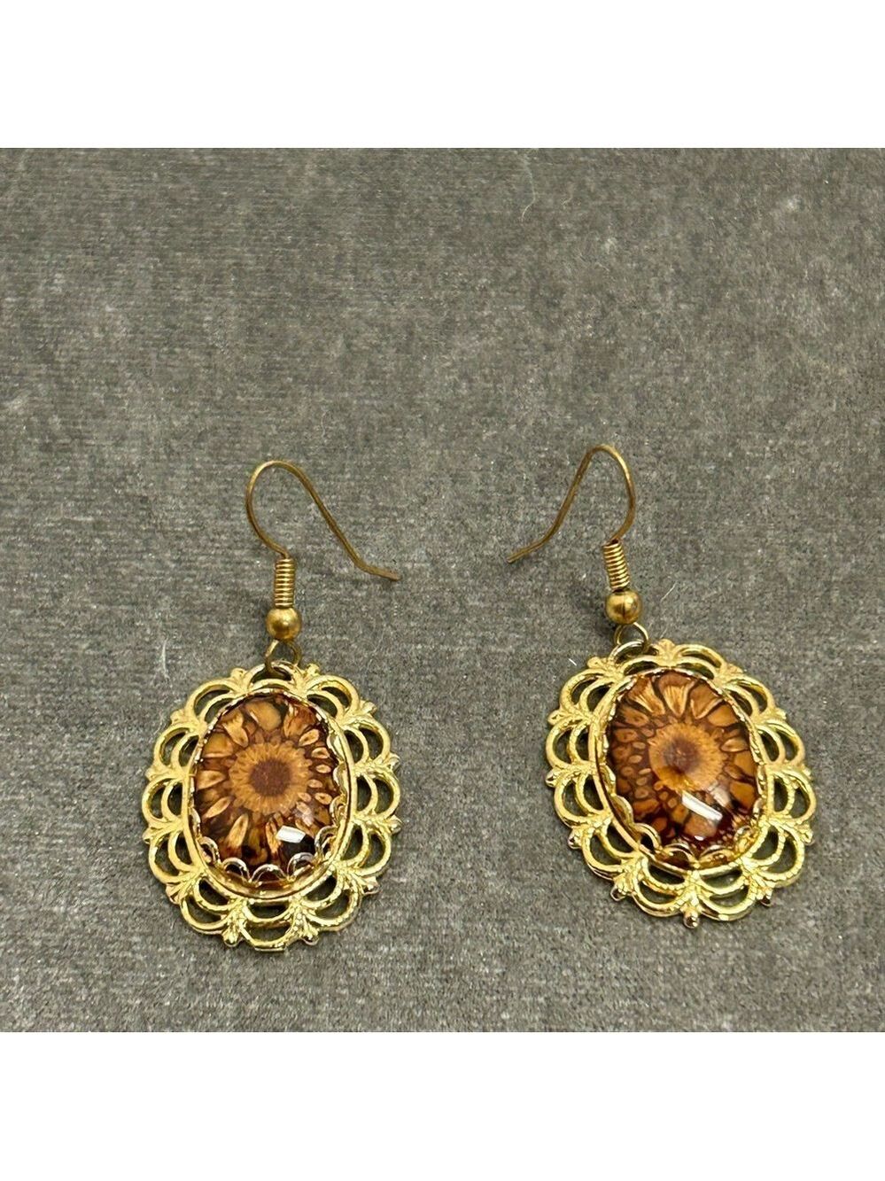 Gold Tone Flower Cat Eye Oval Dangling Earrings View 2